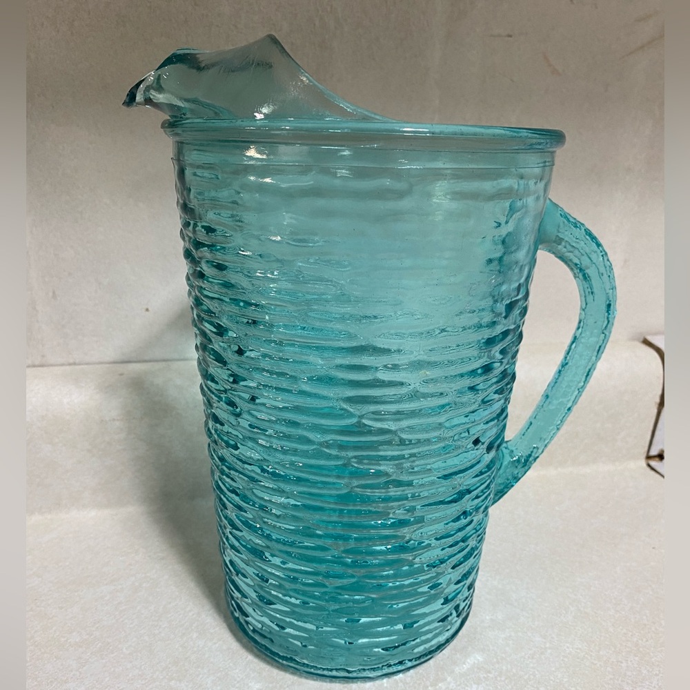 Vintage 9” Anchor Hocking Soreno turquoise glass pitcher